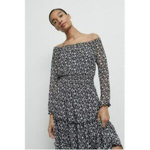 Zara Black White‎ Floral Off Shoulder Midi Dress Ruffled With Rushing XS